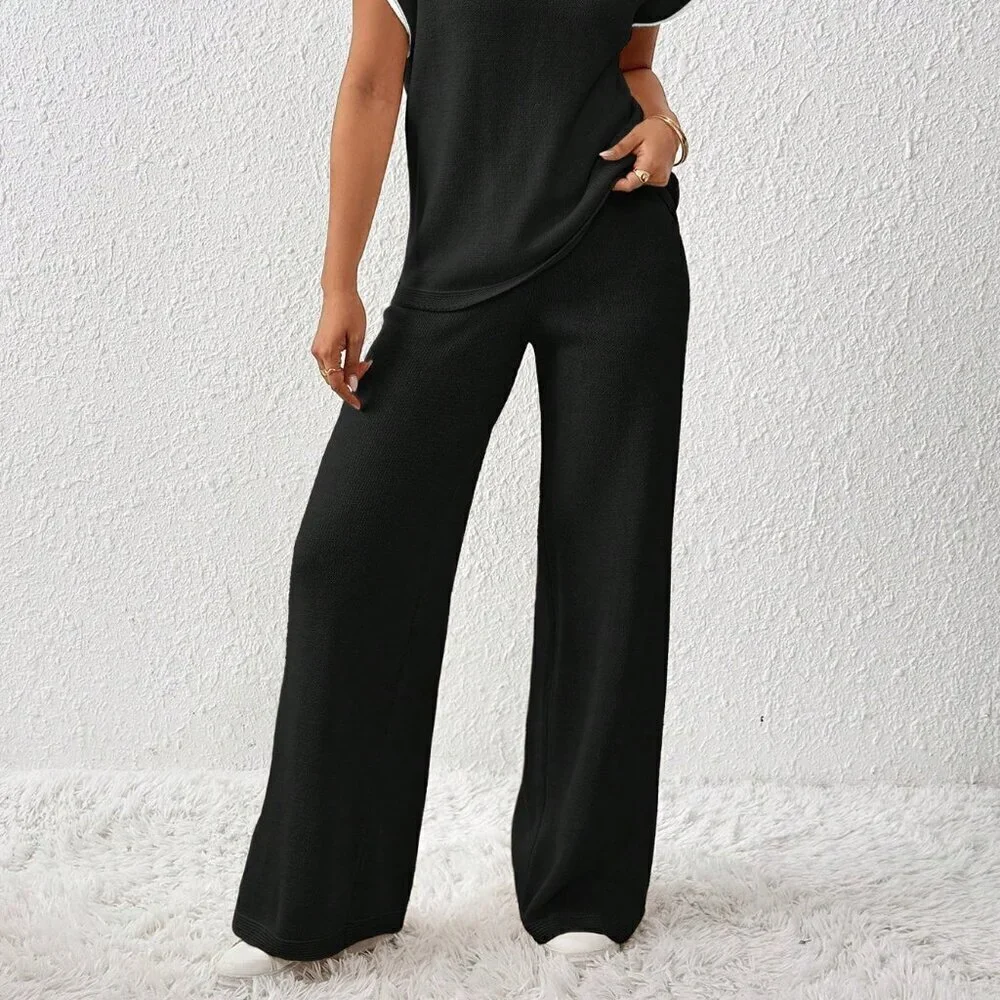 Black Preppy Women's Loose Knit Casual Contrast Trim Drawstring Sweater & Pants